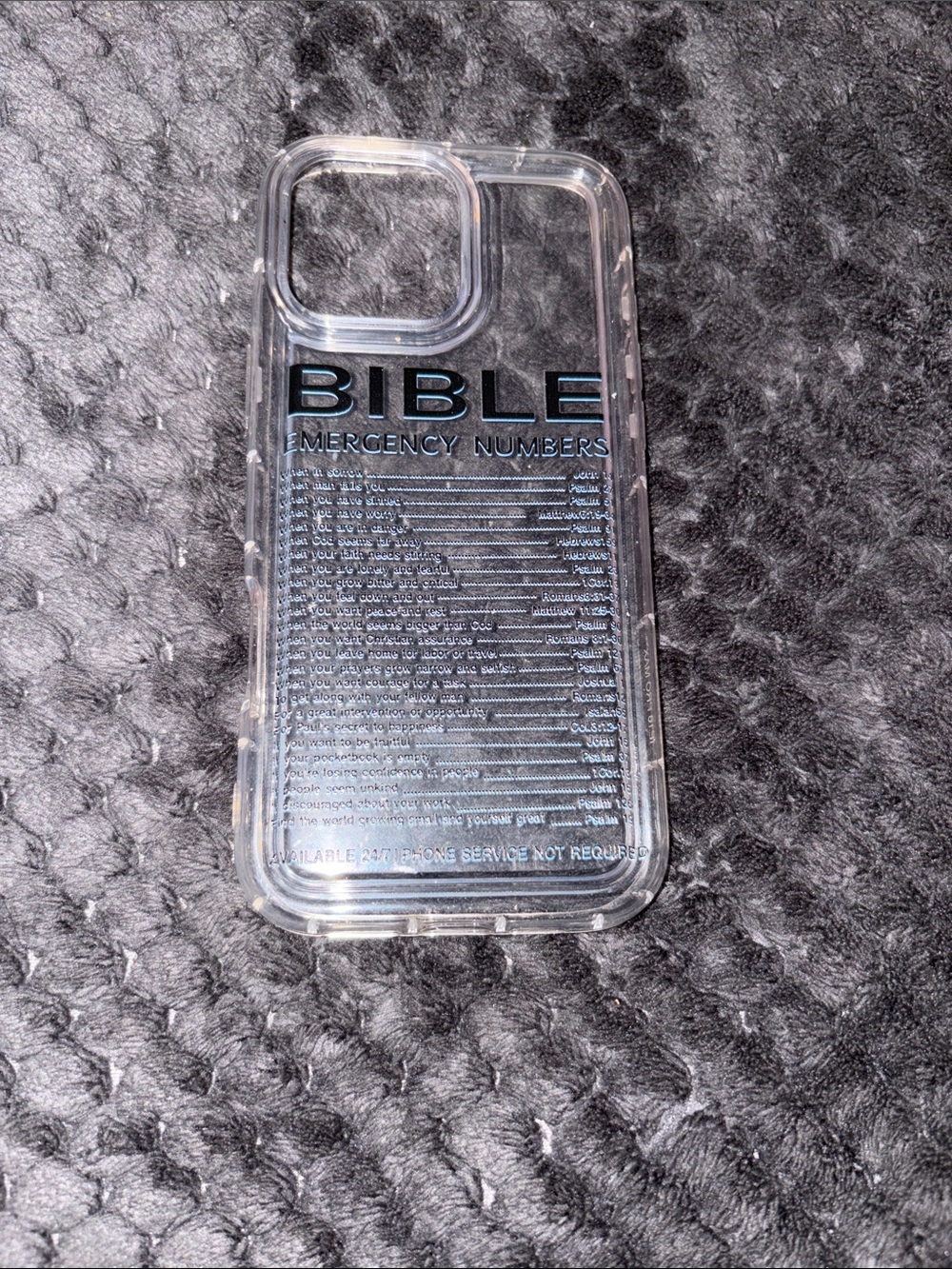 Clear 'BIBLE Emergency Numbers' Phone Case - Transparent. iphone 16 pro max